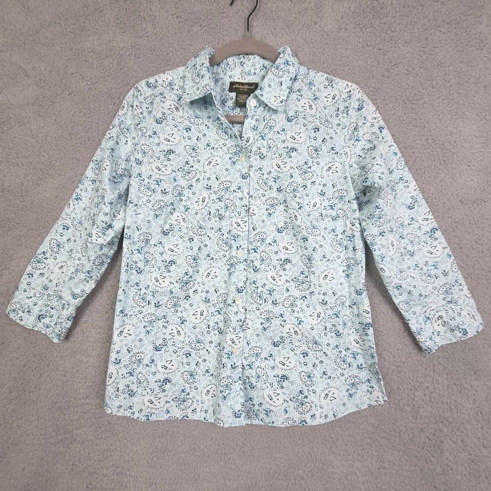 Eddie Bauer Shirt Womens Small Blue Paisley Stretch Button Up 3/4 Sleeve Classic